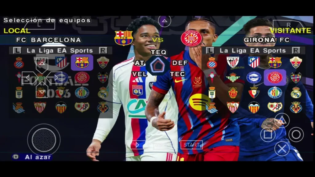 eFootball PES 2026 PSP Team Selection Screen featuring FC Barcelona and Girona FC