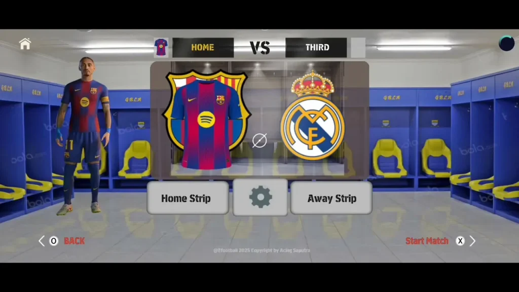 eFootball 2026 Mobile mod team selection screen featuring Barcelona and Real Madrid with updated 2026 kits.