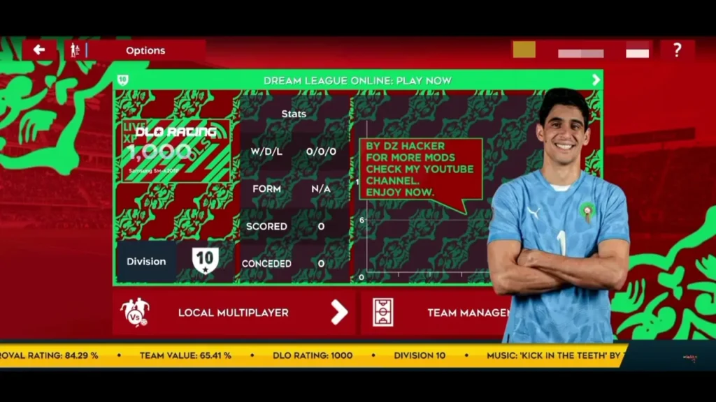 DLS 26 (Dream League 2026) Online menu interface featuring Moroccan player and team management options.
