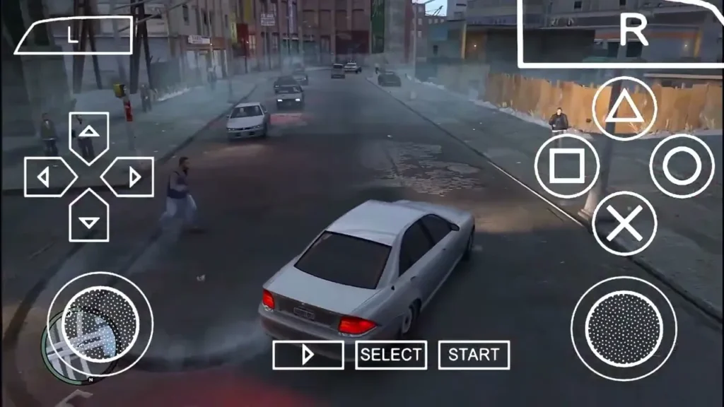 GTA IV PPSSPP ISO Download: Liberty City Remastered Mod GTA IV PPSSPP Mod gameplay on Android showing Nico Bellic driving car in Liberty City