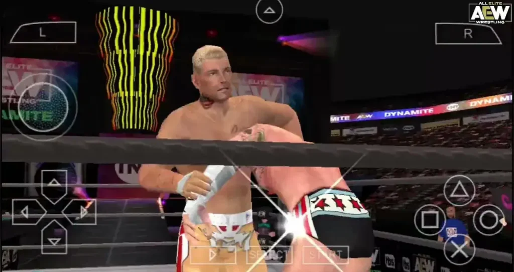 ​AEW Fight Forever PPSSPP ISO Android Gameplay showing cody rhodes vs cm punk on stage fighting each other.